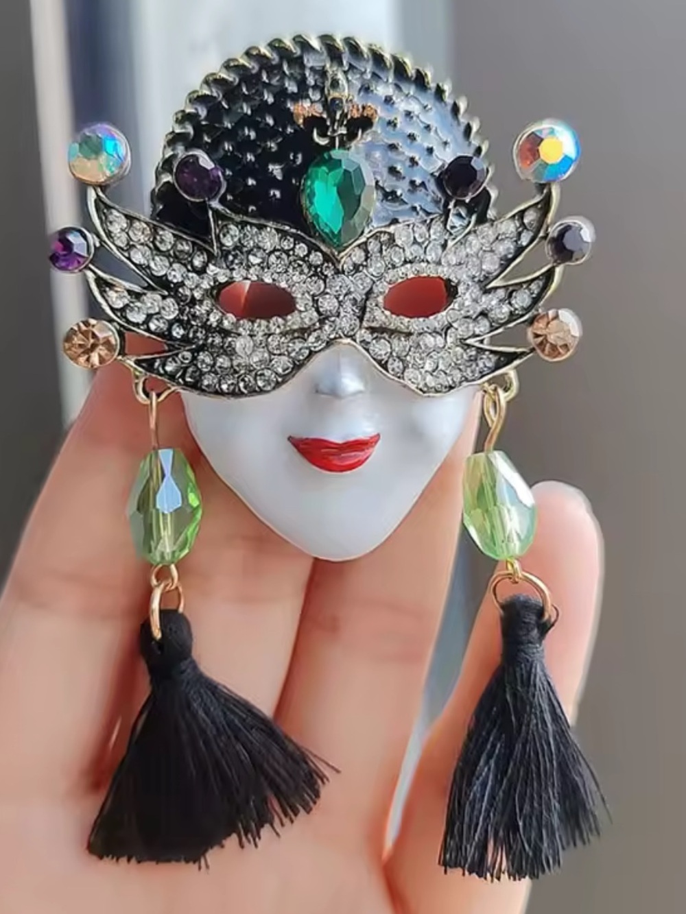 Anthropologie Crystal Masquerade Mask Brooch - Black, White & Green - Picture 9 of 9